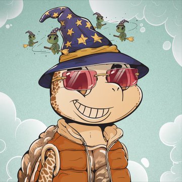 The image features a cartoon turtle wearing sunglasses, a hat, and an orange vest. The turtle has a backpack on its back and appears to be smiling at the camera. The background of the image shows clouds floating in the sky. There are also other cartoon turtles visible in the scene, suggesting that this is part of a larger collection or series.