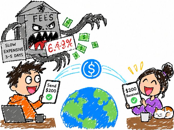 A cartoon illustration contrasting slow, expensive money transfers with fees of 6.43% taking 3-5 days versus fast digital transfers, showing a person sending $200 and another receiving $200 instantly across the globe.