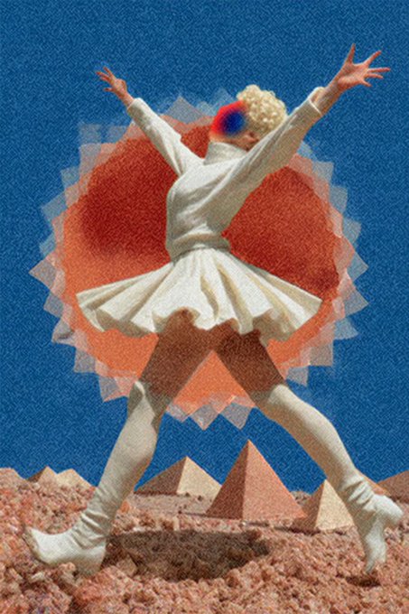 A surreal retro-style collage showing a dancer in a white outfit leaping over a desert landscape with pyramids, set against a blue sky with a stylized red and orange sunburst.