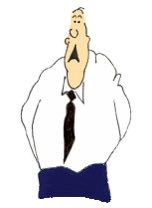 A cartoon illustration of a man in a white dress shirt and black tie with an exaggerated, surprised expression and a small tuft of hair on his otherwise bald head.