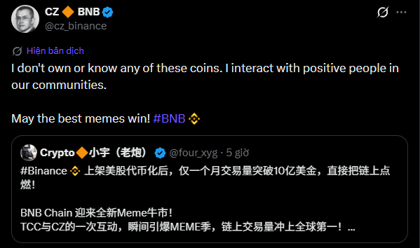 A tweet from CZ (cz_binance) saying 'I don't own or know any of these coins' regarding meme tokens, with a quote tweet mentioning BNB Chain meme activity.