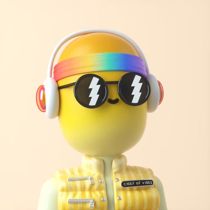 A 3D rendered yellow character wearing white headphones with a rainbow band, black sunglasses with lightning bolt reflections, and a yellow striped vest with a 'CHIEF OF VIBES' name tag.