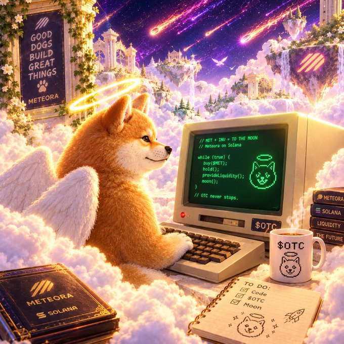 A winged Shiba Inu dog with a halo types on a vintage computer showing code about 'Meteora on Solana' and 'TO THE MOON,' set in a heavenly cloud scene with falling meteors and 'OTC' branding on a nearby mug and notebook.