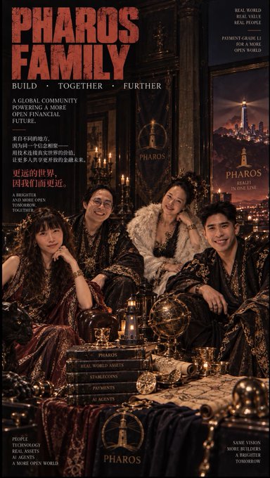 A promotional poster for 'PHAROS FAMILY' featuring four people in ornate robes with text promoting it as 'A GLOBAL COMMUNITY POWERING A MORE OPEN FINANCIAL FUTURE' and highlighting real-world assets and real people.
