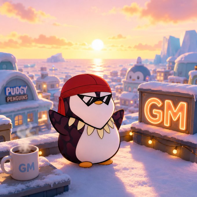 A cartoon penguin character wearing a red bandana and sunglasses with a spiked black collar, standing in a snowy landscape at sunset with a 'GM' (Good Morning) neon sign and a coffee mug also labeled 'GM'.