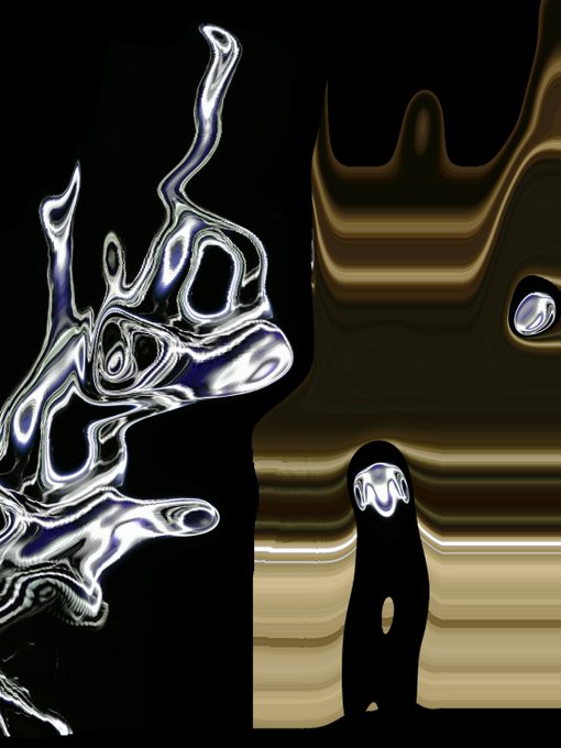 An abstract digital artwork featuring distorted, fluid-like metallic shapes on the left and horizontal wavy bands of tan and brown on the right.