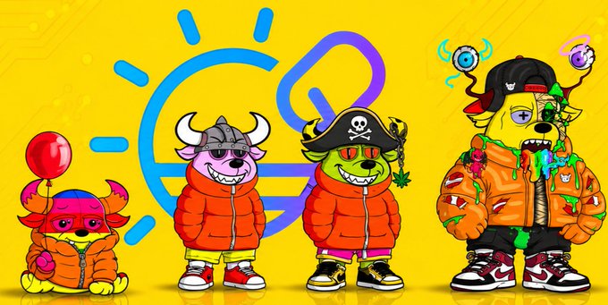 Four cartoon characters wearing orange puffer jackets stand against a yellow background featuring a blue sun-like logo.
