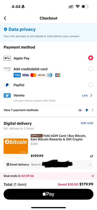 A mobile checkout screen with Apple Pay selected as the payment method, showing a digital delivery item titled 'Fold Gift Card | Buy Bitcoin, Earn Bitcoin Rewards & Gift Crypto' from Qbitcoin for $179.99.