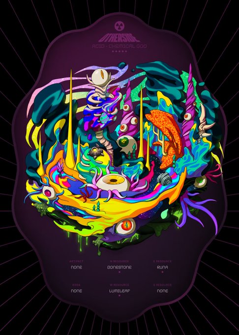 A colorful, psychedelic digital art poster titled 'ACID - CHEMICAL GOD' featuring abstract elements like skulls, mushrooms, and dripping liquids, with resource labels at the bottom.