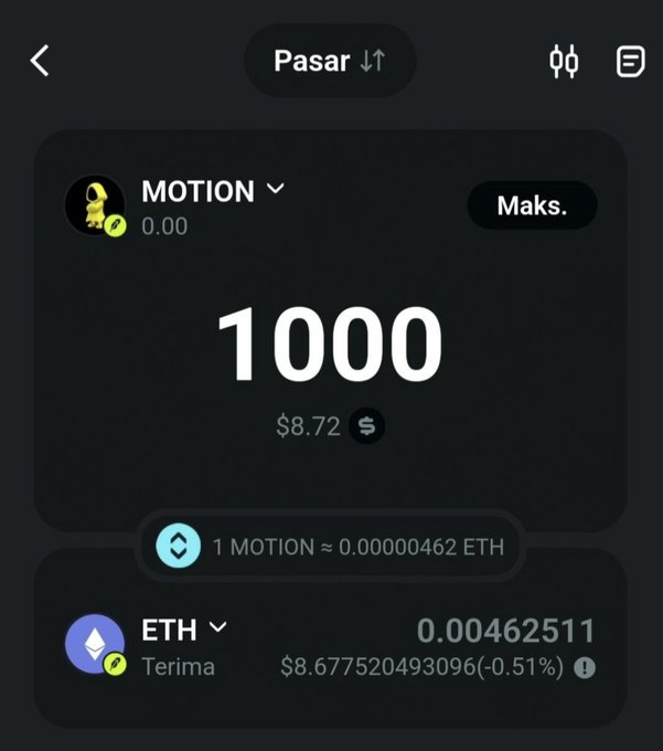 A cryptocurrency exchange screen swapping 1000 MOTION ($8.72) to ETH (0.00462511), with a rate of 1 MOTION ≈ 0.00000462 ETH.