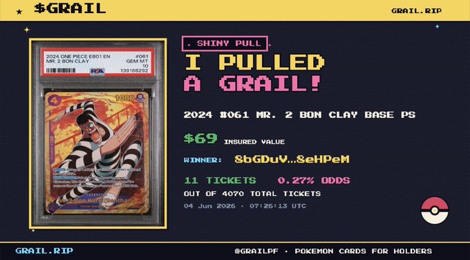The image showcases an old Pokemon trading card with a pull tab, accompanied by text detailing its rarity. The card is placed next to a screen displaying a screenshot of the Pokemon trading card system and related text including information about Grail's status as a holder of the token and winning opportunities for holders who participate in the gaming event.