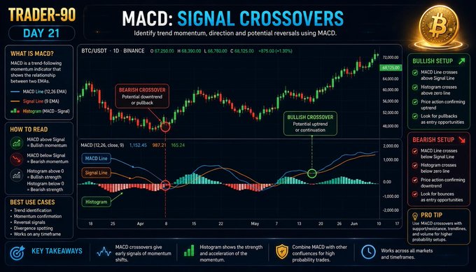 The image is an educational trading infographic titled "TRADER-90 DAY 21" focusing on MACD Signal Crossovers, featuring a BTC/USDT 1D Binance chart (price $67,250.00, +3.30%) with bearish and bullish crossover examples, alongside detailed sections on MACD definition, how to read it, bullish/bearish setups, and pro tips for combining MACD with support/resistance and volume analysis.
