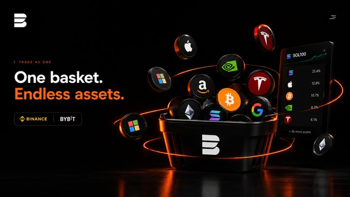 A promotional banner for a crypto trading platform displaying 'One basket. Endless assets.' with logos for Binance and Bybit, featuring various tech and crypto brand icons in a basket.