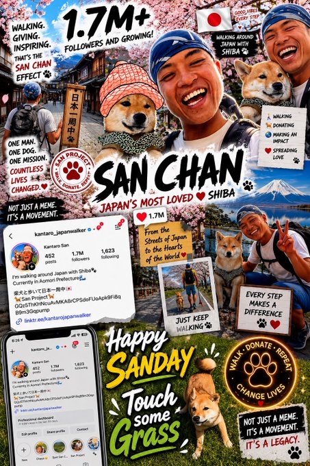 A collage-style graphic for 'SAN CHAN' (Japan's Most Loved Shiba) showing kentaro_japanwalker with 1.7M followers, featuring photos of a Shiba Inu dog, tweets, and motivational text like 'Happy Sunday, Touch some Grass' and 'Every Step Makes a Difference.'