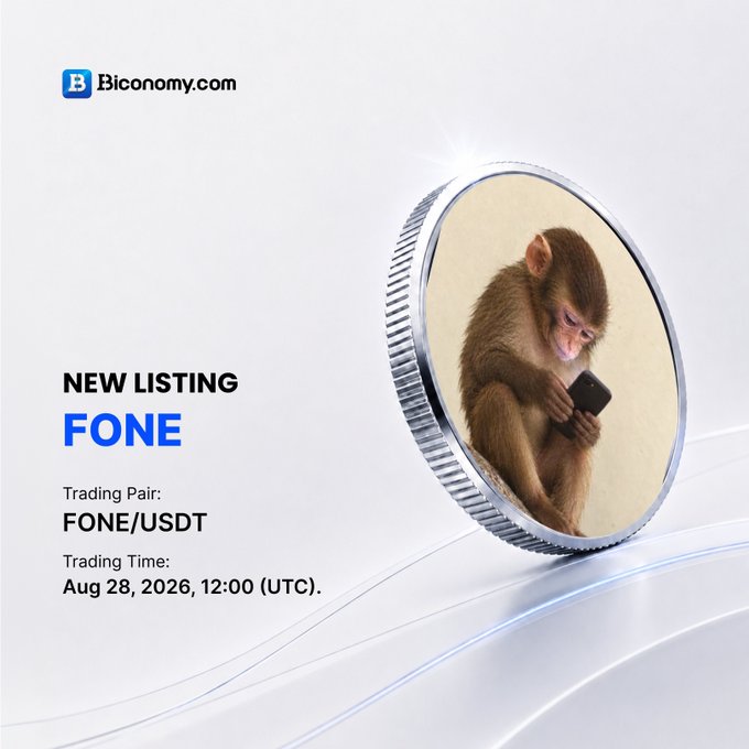 A Biconomy.com promotional graphic announces the new listing of FONE, featuring a large coin displaying a monkey using a smartphone, with text indicating the FONE/USDT trading pair will launch on Aug 28, 2026, at 12:00 UTC. The smartphone-using monkey imagery visually connects to the "apeonfone" brand mentioned in the post.