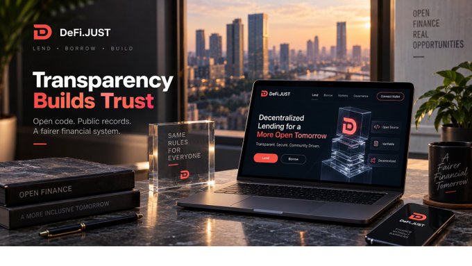 A promotional banner for 'DeFiJUST' featuring the tagline 'Transparency Builds Trust', showing a laptop displaying a lending platform called 'Nucleus', alongside a transparent block reading 'SAME RULES FOR EVERYONE'.