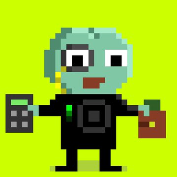 A pixel art character with green skin, black shirt, and headset holds a gray device in one hand and a pipe in the other on a bright green background.
