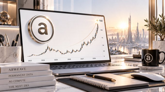A 3D rendered image of a desk setup with a monitor displaying an 'AR' logo and an upward-trending financial chart; nearby books are titled 'ARWEAVE', 'PERMANENT DATA', 'AO COMPUTE', and 'THE NEXT ERA'.