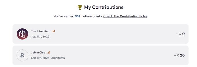 A 'My Contributions' page showing 951 lifetime points earned, with entries for 'Tier 1 Architect x1' and 'Join a Club x1' on Sep 11th, 2026.