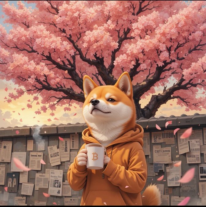 An anime-style illustration depicts a Shiba Inu dog wearing an orange hoodie and holding a white mug with a Bitcoin logo, standing under pink cherry blossom trees.