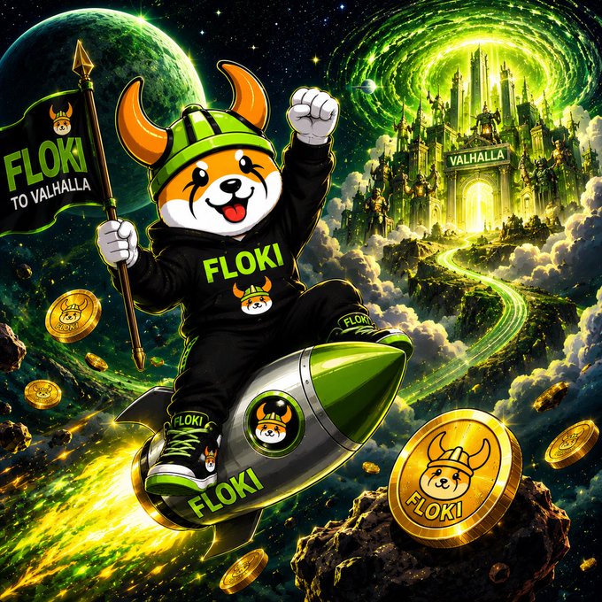 A cartoon Shiba Inu mascot wearing a "FLOKI" hoodie and Viking helmet rides a rocket through space toward a glowing green "VALHALLA" palace, holding a flag reading "FLOKI TO VALHALLA," with FLOKI-branded golden coins scattered among asteroids. The vibrant, upward-shooting imagery visually amplifies the post's message of $FLOKI's surging momentum and inevitable rise.