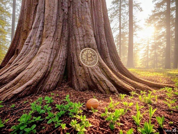 A large tree trunk with a Bitcoin (B) symbol carved into it, with a small round object on the forest floor, and "GROK" visible in the bottom right corner.