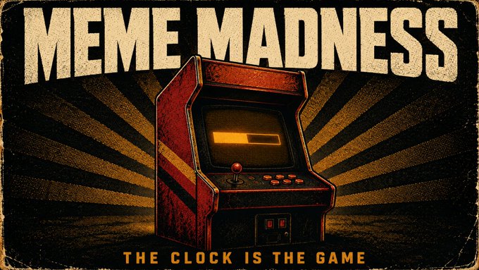 A retro-styled vintage poster titled 'MEME MADNESS' features an old arcade machine with a loading bar on its screen against a sunburst background, with the tagline 'THE CLOCK IS THE GAME' at the bottom.