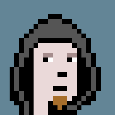 A pixel art portrait of a character with long black hair, a pale pink face, and an orange block near the chin, set against a grayish-blue background. The retro 8-bit style fits the "Funky Friday" crypto post, suggesting a stylized collectible NFT character.