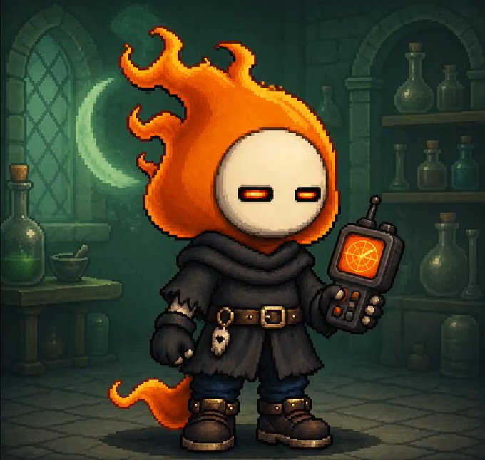 A pixel-art style character with a flaming orange head and a pale round face, wearing dark robes and holding a device with a pentagram screen in a dungeon-like setting.