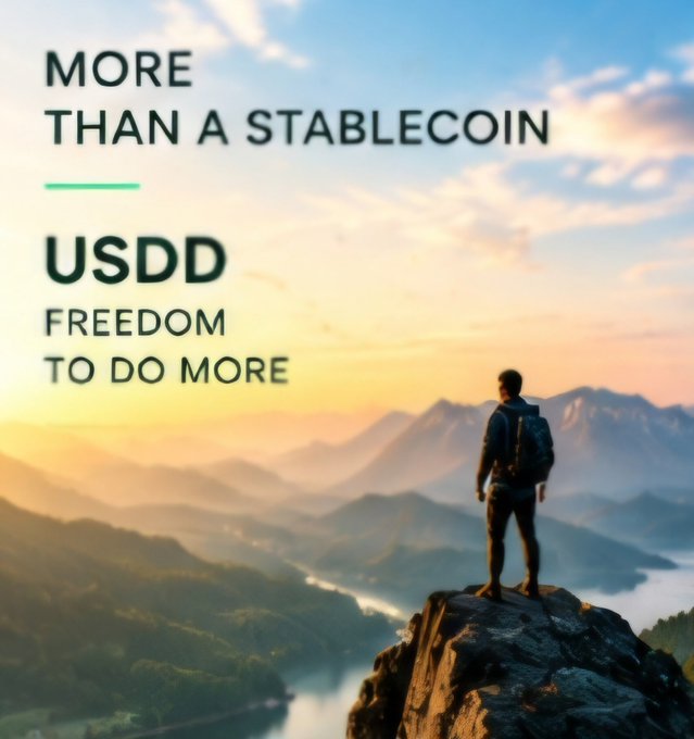 An advertisement graphic featuring a person standing on a rocky outcrop overlooking a misty mountain valley at sunset. The text reads 'MORE THAN A STABLECOIN USDD FREEDOM TO DO MORE'.