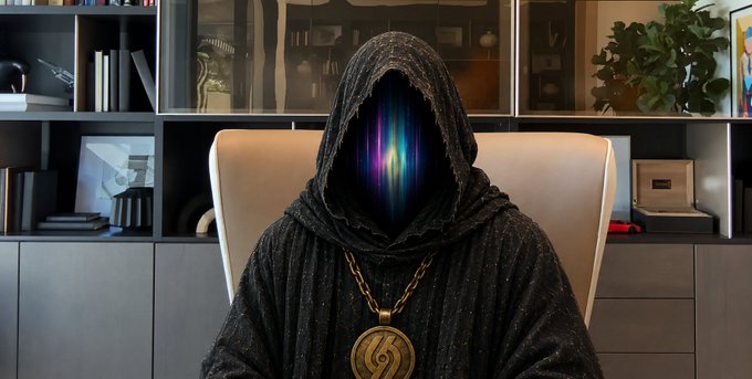 A hooded figure with a glowing, vertical spectrum of light replacing their face sits in a beige office chair, wearing a gold chain with a medallion featuring a stylized logo that corresponds to the 'Sui Network' mentioned in the accompanying text about building the best chain for everything and memes.