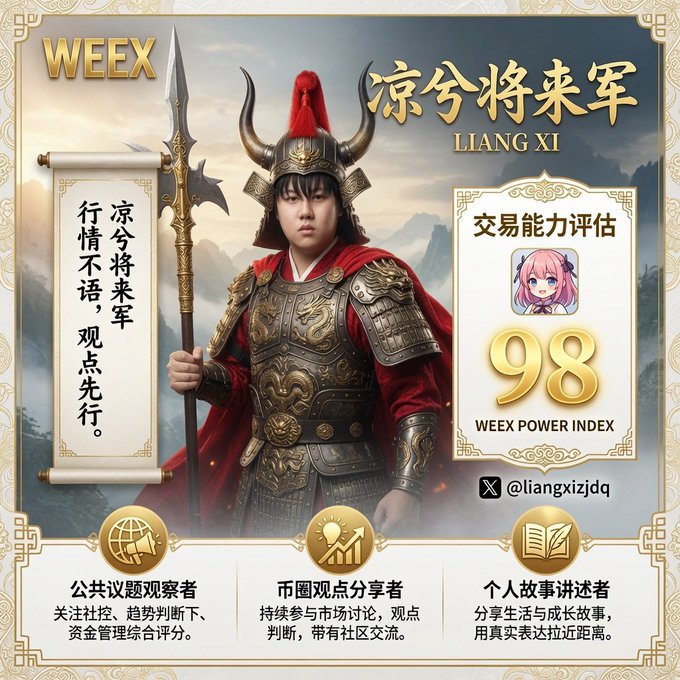 A promotional WEEX graphic featuring a warrior named '凉兮将来军' (LIANG XI) in traditional Chinese armor with a WEEX Power Index score of 98.