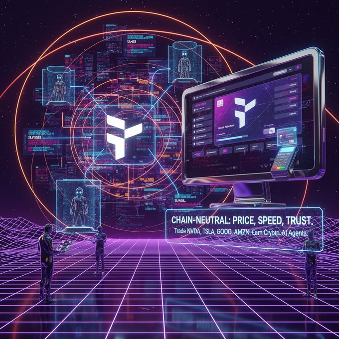 The image features a group of people standing around a computer monitor displaying a website called @useTria. The monitor shows that they are interested in trading cryptocurrency, specifically Bitcoin. The people appear to be engaged in a discussion about the price, speed, and trust involved in this type of trade. The post also mentions the importance of considering factors such as chain-neutral coordination, perps (buyers), and payments when participating in cryptocurrency trading.
