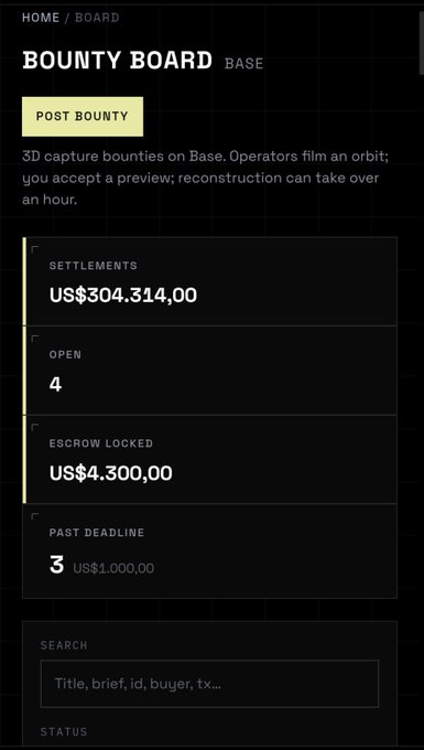 A dark-themed dashboard titled 'BOUNTY BOARD BASE' displays financial figures including 'SETTLEMENTS US$304,314,00', 'OPEN 4', and 'ESCROW LOCKED US$4,300,00'.