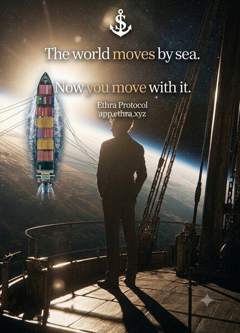 A dark, cinematic image of a man standing on a ship deck at night looking out at a surreal seascape with Earth visible in the background and a container ship floating, branded with 'Ethra Protocol' and app.ethra.xyz under the text 'The world moves by sea. Now you move with it.'