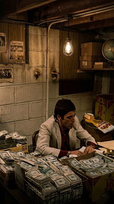 A man sits at a desk counting stacks of cash in a dimly lit basement with a 'THE WORLD IS YOURS' sign visible.