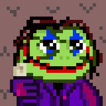 A pixel art portrait of a green-skinned clown with blue tear makeup, red lips, and a purple outfit, surrounded by flying bats against a grayish-purple background — referencing the creepy clown from P.T. (often abbreviated "PTB") or similar horror-themed imagery.