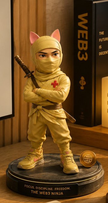 A figurine of 'THE WEB3 NINJA' stands with crossed arms, wearing a tan outfit with cat ears, a sword on its back, and a red cross emblem. The base reads 'FOCUS. DISCIPLINE. FREEDOM.' and sits near books titled 'WEB3' and 'THE FUTURE IS DECENT'.
