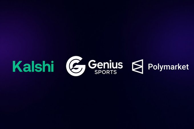 A purple gradient background displays logos for Kalshi, Genius Sports, and Polymarket.