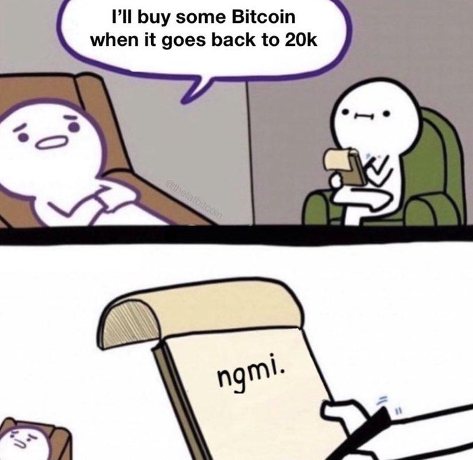 A meme with two panels: the top shows a character saying 'I'll buy some Bitcoin when it goes back to 20k', and the bottom shows a receipt reading 'ngmi.'
