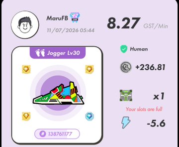 The image shows a STEPN app screenshot displaying user "MaruFB" earning 8.27 GST/Min with a "Jogger Lv30" sneaker NFT, having gained +236.81 GST (with the message "Your slots are full!") on 11/07/2026 at 05:44. The post relates this to a morning walk activity, sharing an invite code #STEPN #STEPNGO #SuperWalk #HEAL3, connecting the earnings to their Saturday morning walking exercise.