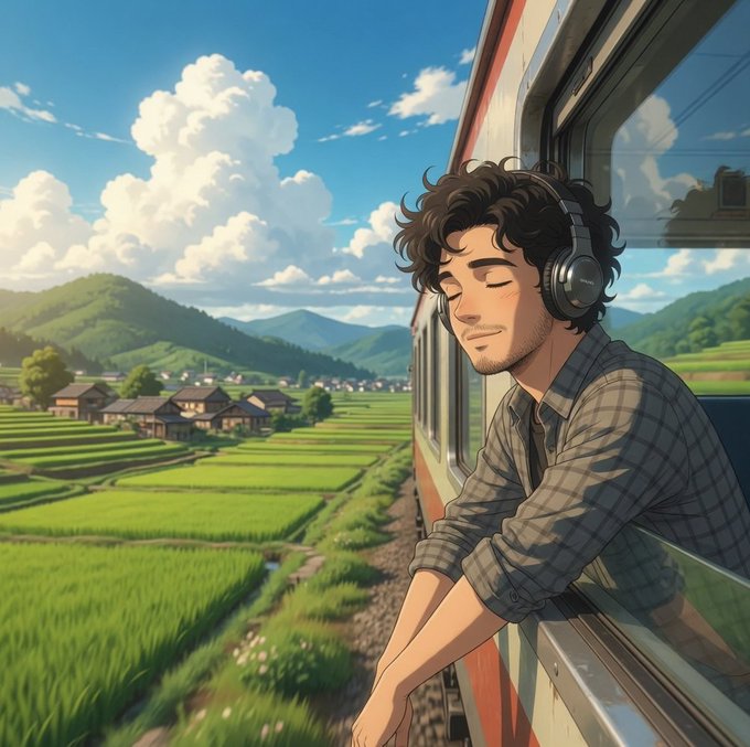 The image features a man wearing headphones, leaning out of a train window with his eyes closed while looking at the countryside below him. The scene suggests he might be enjoying some music or simply taking a moment to relax during his journey. The post about cryptocurrency seems unrelated and doesn't provide any relevant information for this specific image.