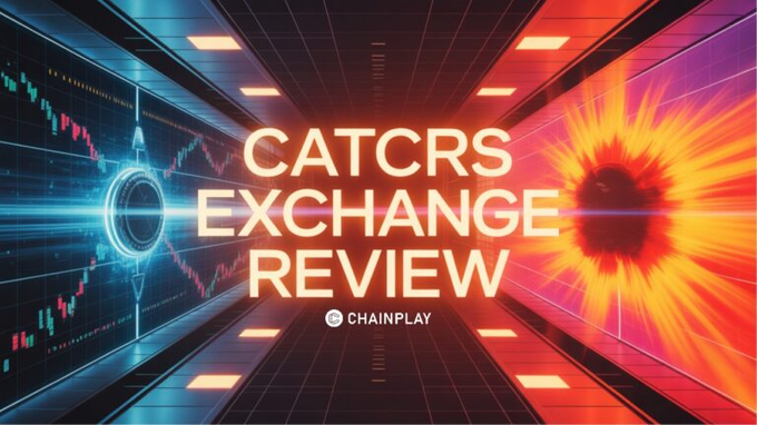 A banner for a 'CATCRS EXCHANGE REVIEW' by CHAINPLAY, featuring a futuristic tunnel with a blue trading chart on the left and a fiery orange vortex on the right.