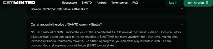 A screenshot of the GETMINTED website showing FAQ information about how status levels work after TCE and confirming that changes in the price of $MNTO do not lower a user's status.