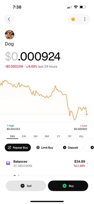 A mobile cryptocurrency trading app showing DOG (Dogecoin) at $0.000924, down 8.65% in the last 24 hours, with a balance of 37,780.0 DOG worth $34.89.