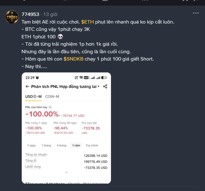 A Vietnamese social media post about crypto trading losses, showing a Binance PNL analysis with -100.00% returns and significant USD losses across 7-day, 30-day, and yearly periods.
