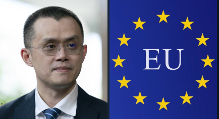 **Caption:** Changpeng Zhao (CZ), founder of Binance, is pictured beside the EU flag, visually tying to his recent comments criticizing the European Union for delaying MiCA licensing for Binance, which he argues isolates users from top-tier global liquidity.

**Key text/elements visible:**
- "EU" text on the flag
- CZ in a dark suit and tie