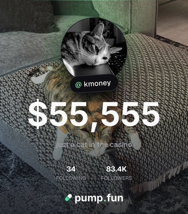 The image shows a profile for "kmoney" on pump.fun featuring a calico cat lounging on a knit blanket, with overlaid text displaying "$55,555 — just a cat in the casino," 34 following, and 83.4K followers. The cat avatar and follower count directly match the birthday wish celebrating reaching 83,400 followers on Pumpfun.