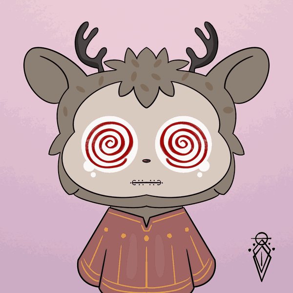 A stylized cartoon character resembling a deer with hypnotic red spiral eyes and stitches on its mouth wears an orange sweater.