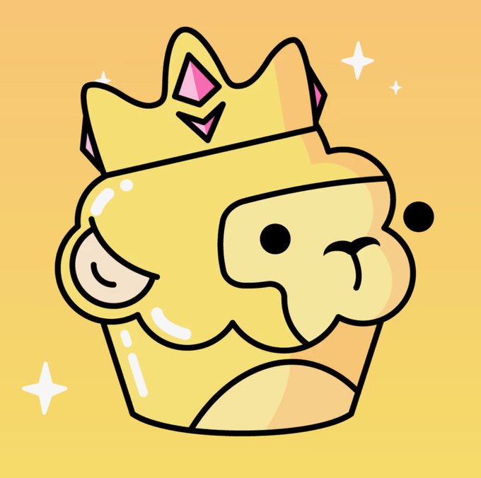 A cheerful, crowned yellow muffin-like character with a smiling face is illustrated against a sparkling orange gradient background, fitting the playful theme of gifting @YoodlesReborn NFTs.